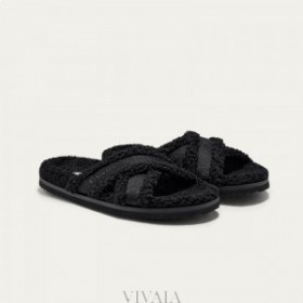 VIVAIA Furry Criss-Cross Strap Slippers (Hannah) Mules Black
